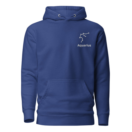 Aquarius Constellation Hoodie Embroidered in White on Blue